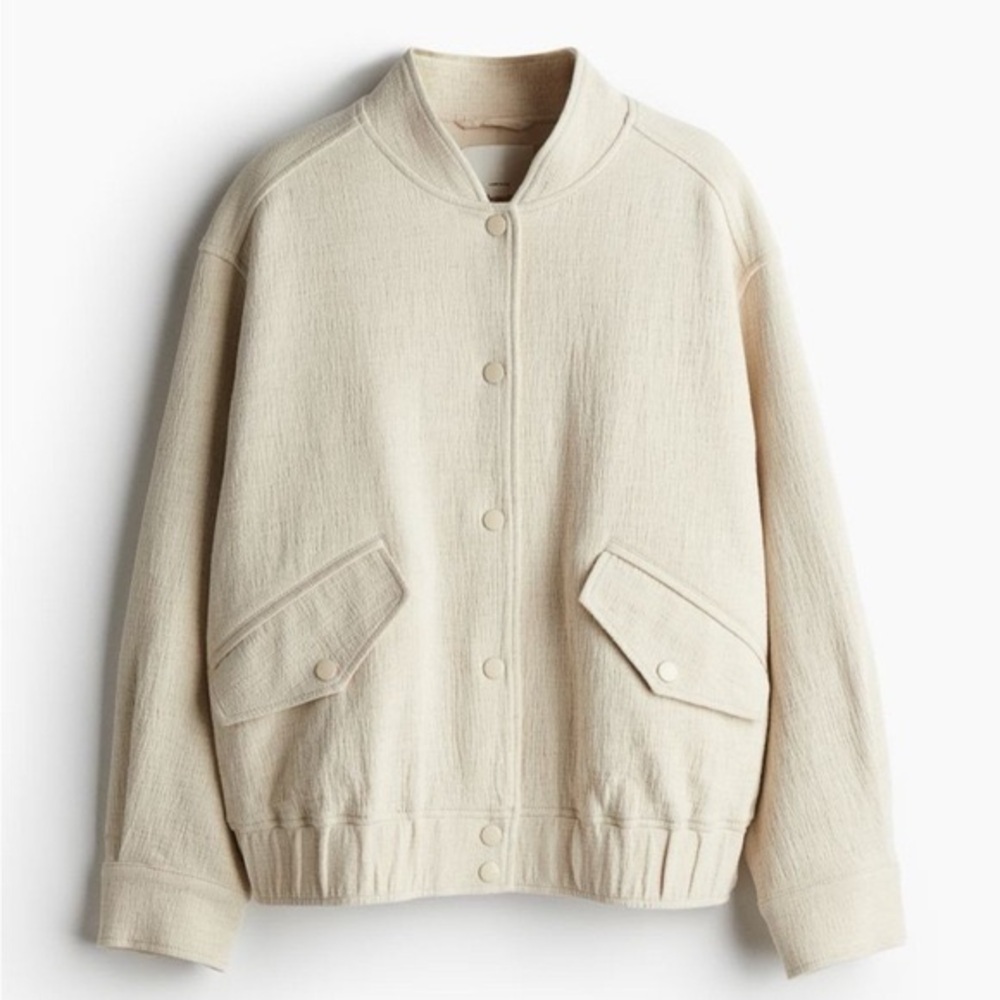H&M Crepe Linen Bomber Jacket Cotton Beige Cropped Coat Ecru Textured snap - Picture 5 of 12